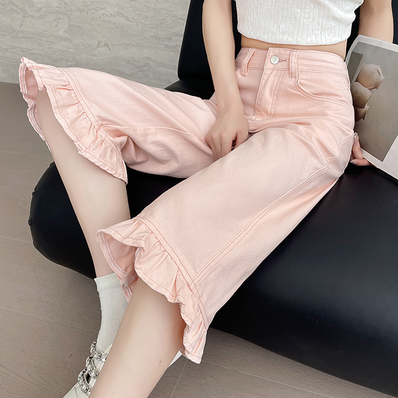 American-Style Light Pink Cropped Jeans for Women, 2025 Spring/Summer New High-Waisted Loose Slimming Wide-Leg Mid-Length Pants with Ruffled Edges
