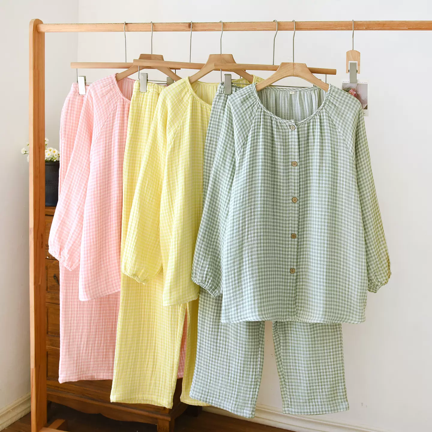 新款色织四层纱睡衣长袖长裤大码家居服水洗棉纱格子女士四季套装