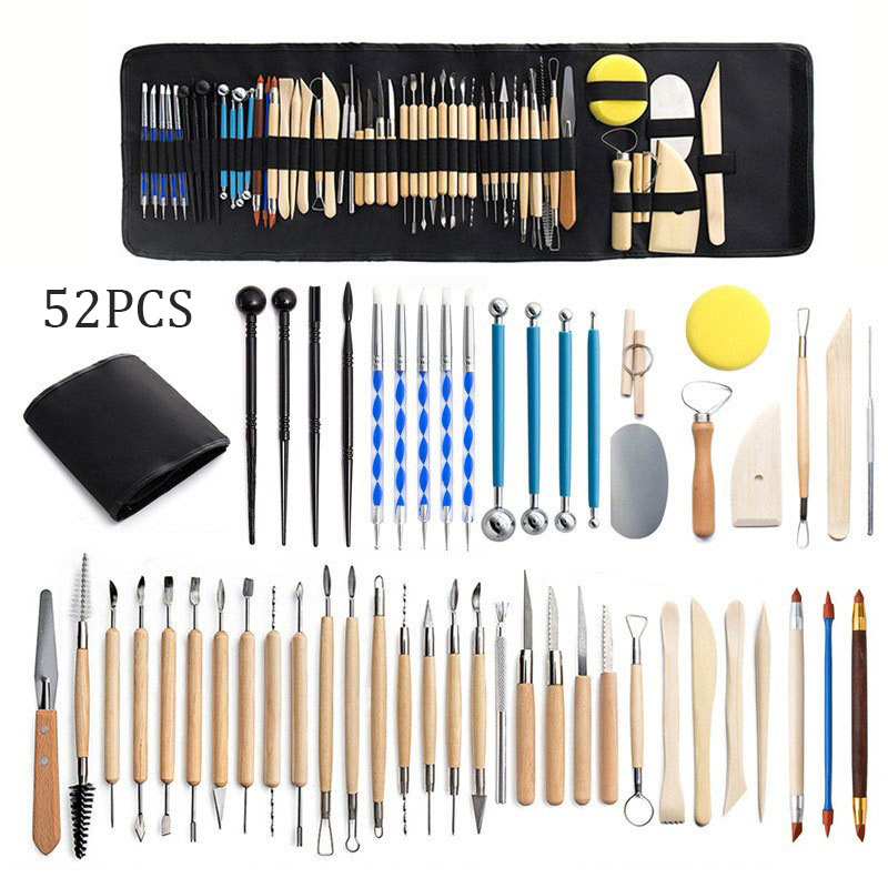 Cross-border clay art tools 52 pieces of suit clay stone sculpture carving knife folding package details needle silicone drill pen