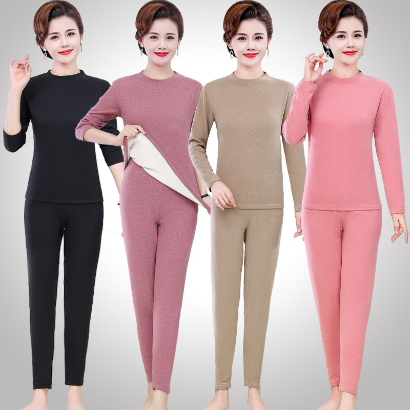 중년 및 노인 여성 열 속옷 세트 어머니의 가을 옷과 바지 가열 DE RONG 할머니 얇은 중간 칼라베이스 셔츠