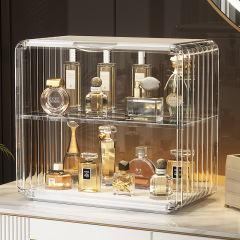 A dust-proof transparent acrylic desk vanity organizer for perfume, lipstick, and small sample displays, featuring an elegant and luxurious storage box.
