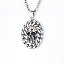 欧美朋克饰品批发速卖通亚马逊货源钛钢男士骷髅头不锈钢吊坠项链