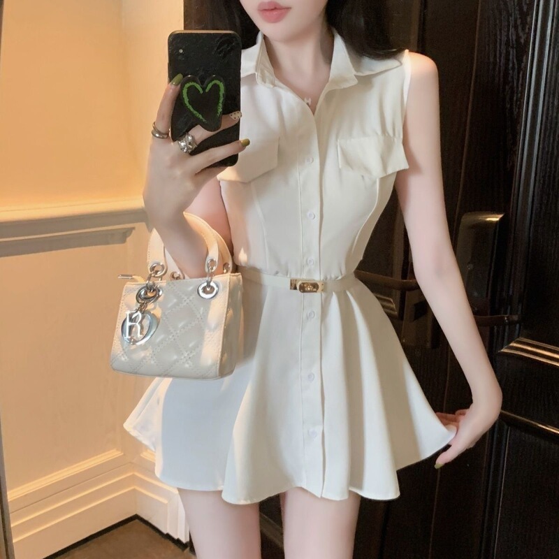 Summer 2026 French-Style Polo Collar Design with a Senior Student Vibe, Sleeveless, Waist-Cinching, Slimming Shirt Dress with Belt Summer 2026 French-Style Polo Collar Design with a Senior Student Vibe, Sleeveless, Waist-Cinching, Slimming Shirt Dress with Belt