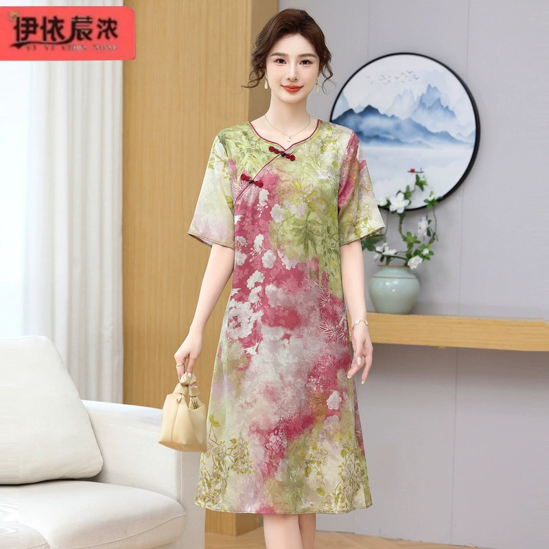 Платье с короткими рукавами в китайском стиле платье для мамы 50-летняя женщина среднего и пожилого возраста