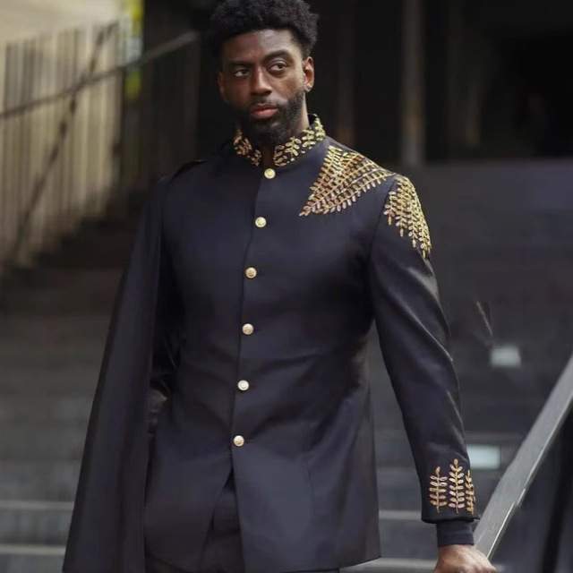 African Stand Collar Two Pieces Men Suits for Wedding Formal Party Groom Wear Slim Fit Vintage Court