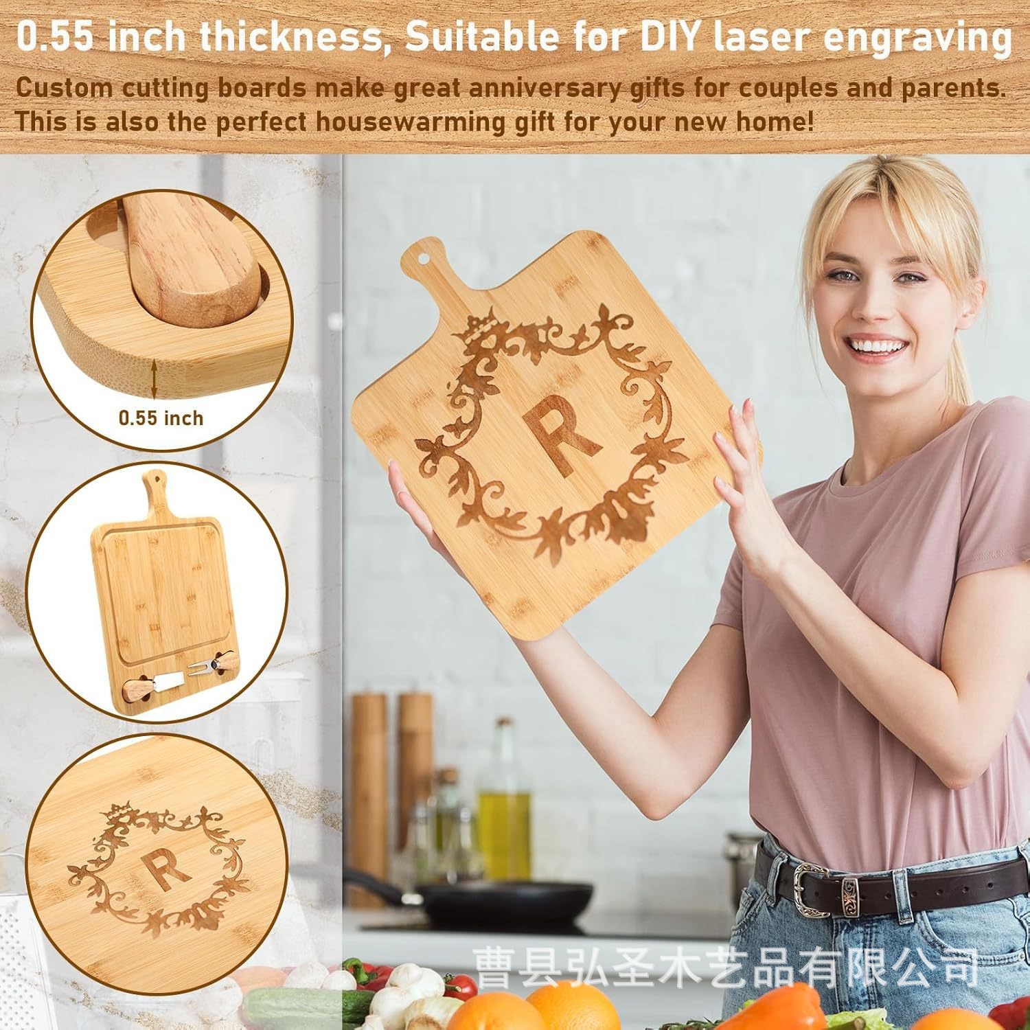 Nuevo producto Tablero de queso de bambú Hogar de madera maciza de doble cara Pizza disponible Tablero de perforación de sushi Tablero de perforación de madera con manija