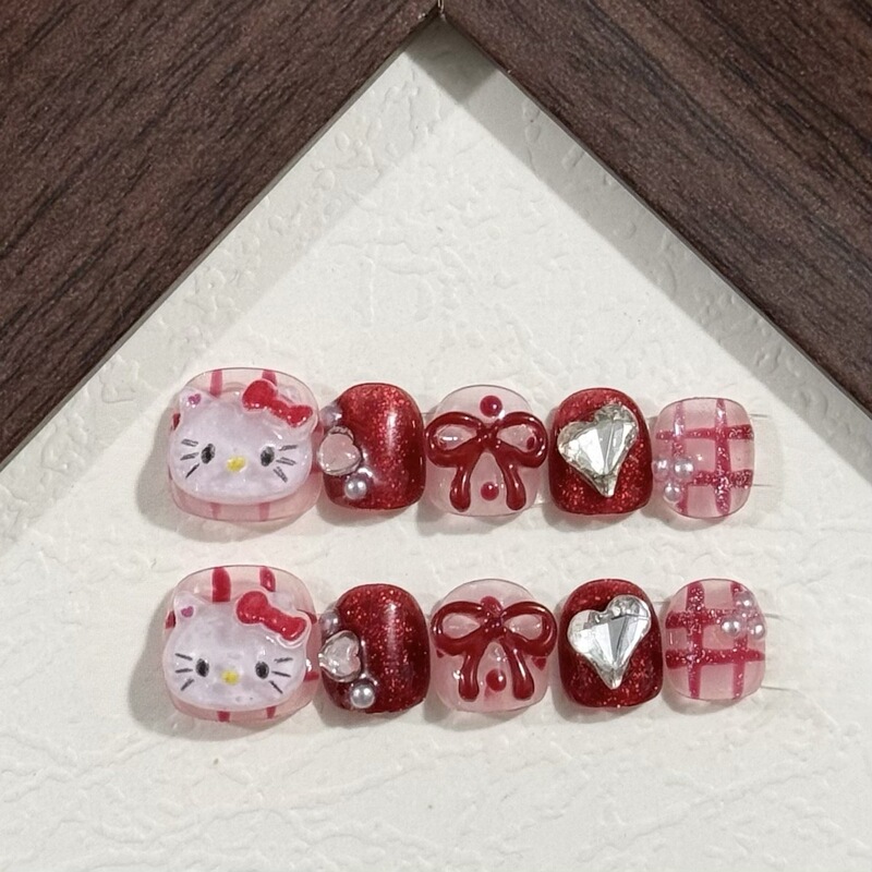 Children's Handmade Wearable Nails Stereo Cute New Year Red Cat Head Heart Manicure Cartoon Patch Handmade Nails