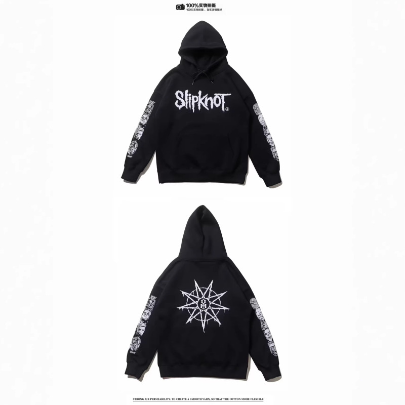 Three Labels Complete, American Street Style Slipknot Letter Print Metal Rock Long-Sleeved Hooded Sweatshirt