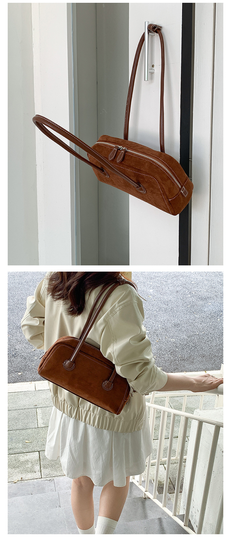 Autumn suede stick with simple leather splicing design, underarm bag, women's plush fashionable versatile shoulder bag_voghion.com