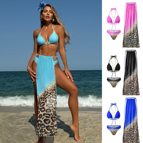 2025 European and American sexy multi-color chain bikini three-piece printed tie-up swimsuit bikini