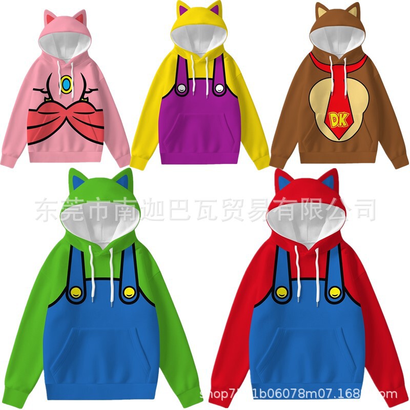 European and American New Style Super Mario Game Movie Cosplay Merchandise 3D Digital Print Hooded Cat Ear Sweatshirt