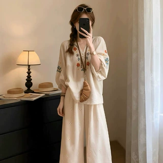 绝美漂亮茶里茶气别致重工绣花V领衬衫女2026刺绣两件套长裤套装