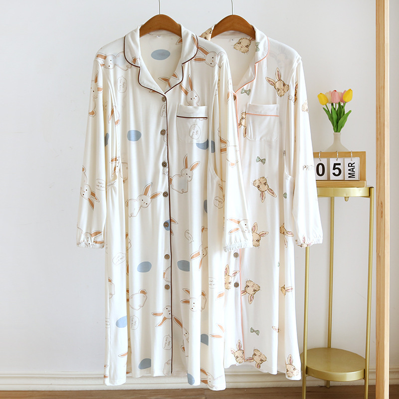 Spring and Autumn thin long-sleeved modal nursing nightdress confinement dress summer women's postpartum maternity dress nursing dress plus size