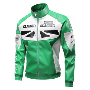 New Men's Leather Tops Casual Fashion Slim Motorcycle Riding Spliced ​​Leather Jacket Stand Collar Retro Jacket