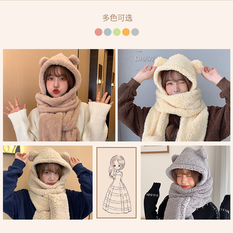 可爱小熊头帽围巾三件套冬季帽子舒适加厚保暖毛绒护耳连体帽女生
