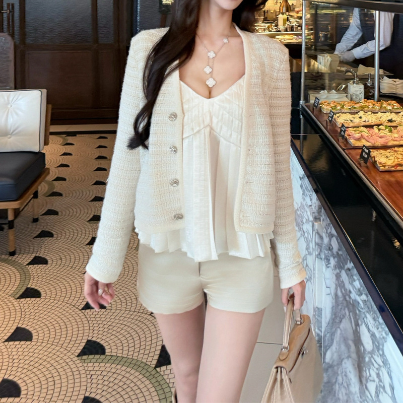槿一【京都贵女】法式轻奢白色小香风编织外套女秋千金上衣套装潮|undefined