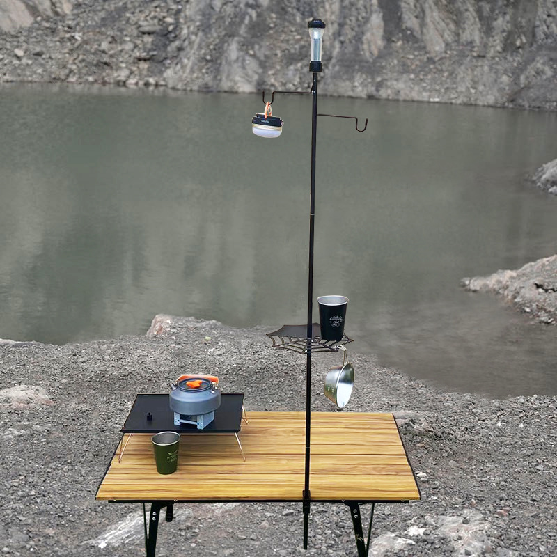 Outdoor camping light stand, detachable portable campsite lighting rod bracket, black version with gimbal and phone holder