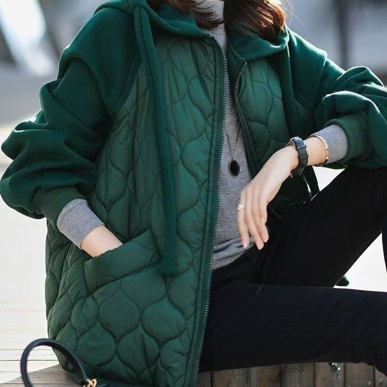欧洲站大码菱格连帽拼接羽绒棉服厚外套棉袄时尚新款大码宽松女装|undefined