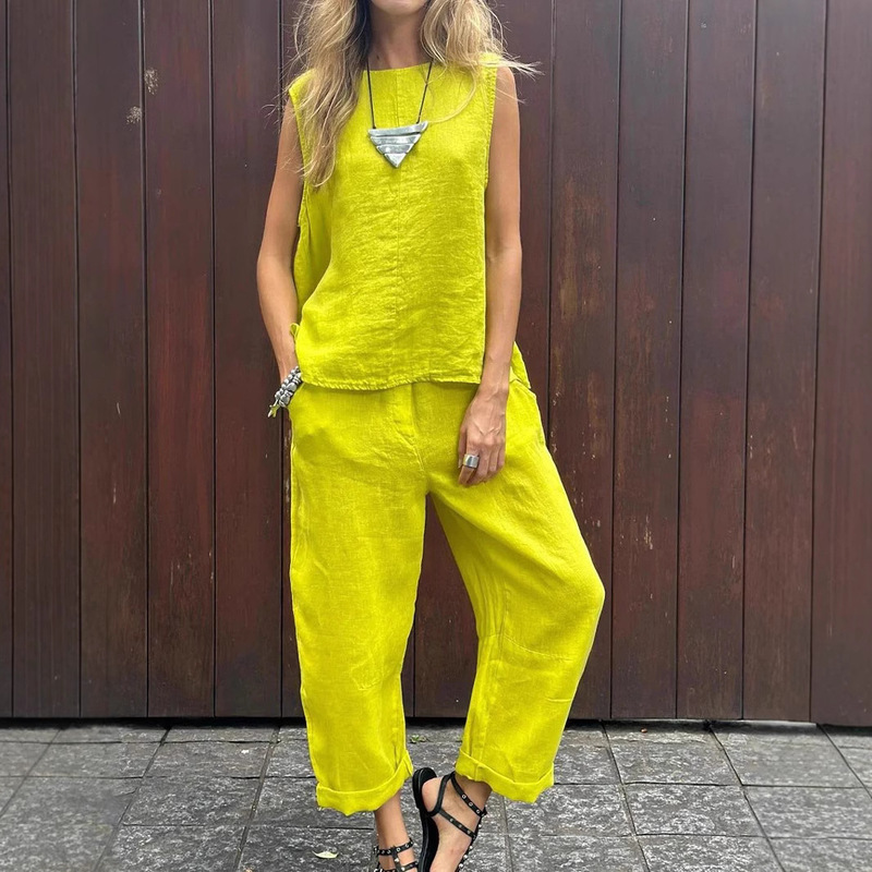 2024 Spring and Summer New Cotton Linen Fashion Casual Loose Two-piece Sleeveless Top Loose Pants Women's suit