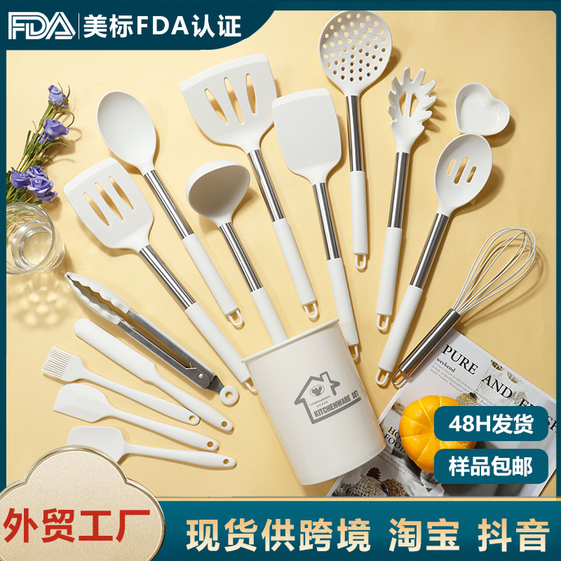 Cuchara de sopa de espátula de silicona transfronteriza 15 piezas de acero inoxidable espátula de silicona sartén antiadherente traje de cocina de silicona al por mayor