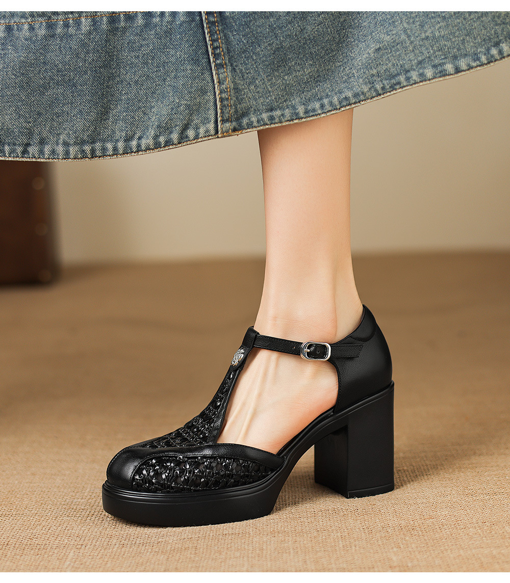 Sandal cao gót nữ mũi nhọn quai chữ T đế dày gót 8.5 cm phong cách vintage — đen chi tiết 15
