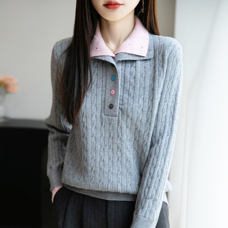 气质高级感复古麻花针织衫女秋冬新款双层领半开领百搭打底毛衣|undefined
