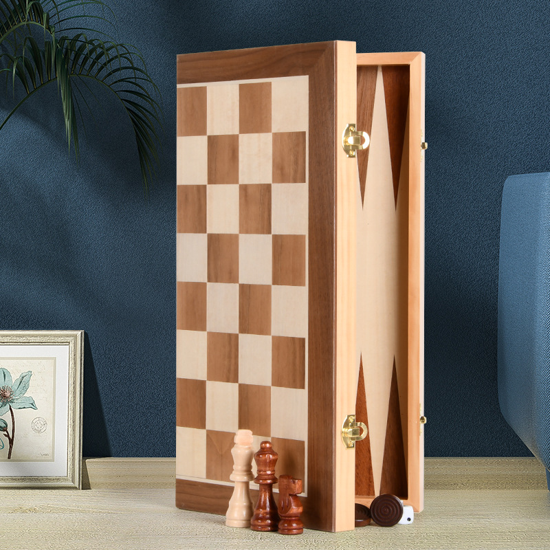 StarCraft Large Wood-Patch Puzzled Chess Set with Real Wood, International Chess, Checkers, and Backgammon, Dual-Panel Chess Box Set