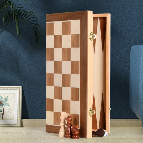 StarCraft Large Wood-Patch Puzzled Chess Set with Real Wood, International Chess, Checkers, and Backgammon, Dual-Panel Chess Box Set