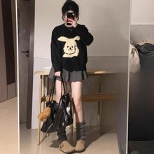 韩系慵懒感穿搭黑色毛衣女秋冬软糯提花小个子宽松慵懒针织衫上衣