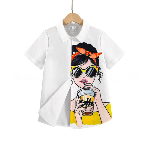 Lazada Cross-Border Summer Cartoon Avatar Lapel Short-Sleeved Shirt for Girls—European and American Style, Thin and Loose Fit, Kids' Clothing