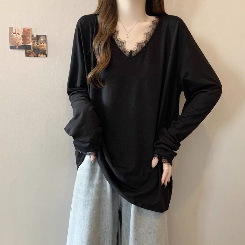 Plus Size V Neck Lace Thin Long-Sleeved T-Shirt for Women Spring & Fall New Loose Slimming Look and Flesh-Covering Elegant Outer Top Plus Size V Neck Lace Thin Long-Sleeved T-Shirt for Women Spring & Fall New Loose Slimming Look and Flesh-Covering Elegant Outer Top