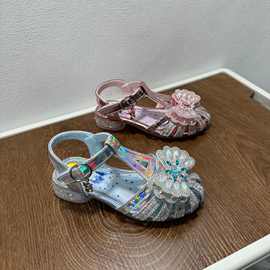 2024新款夏季女童公主鞋软底水钻学生鞋子儿童小女孩中大童凉鞋潮