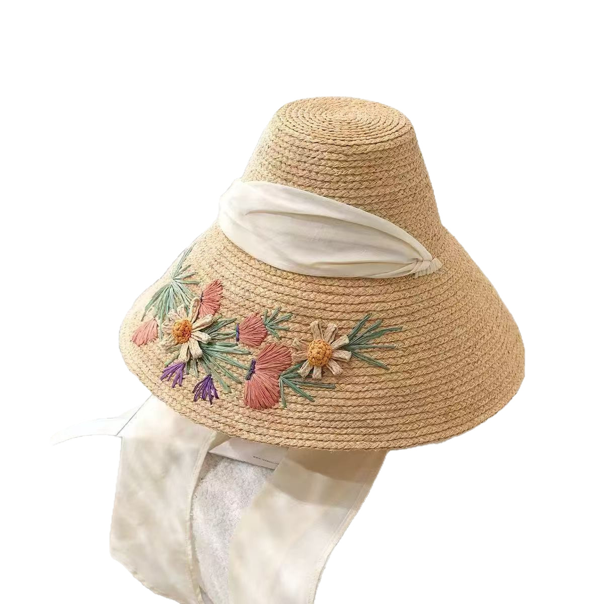Solhatt i halm för dam i hepburn-stil med broderade blommor_voghion.com