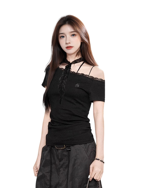グレーのオフショルダー半袖Tシャツ女性用2025年夏ハイエンドホットガールスリムウエストワンショルダーレーストップ|undefined