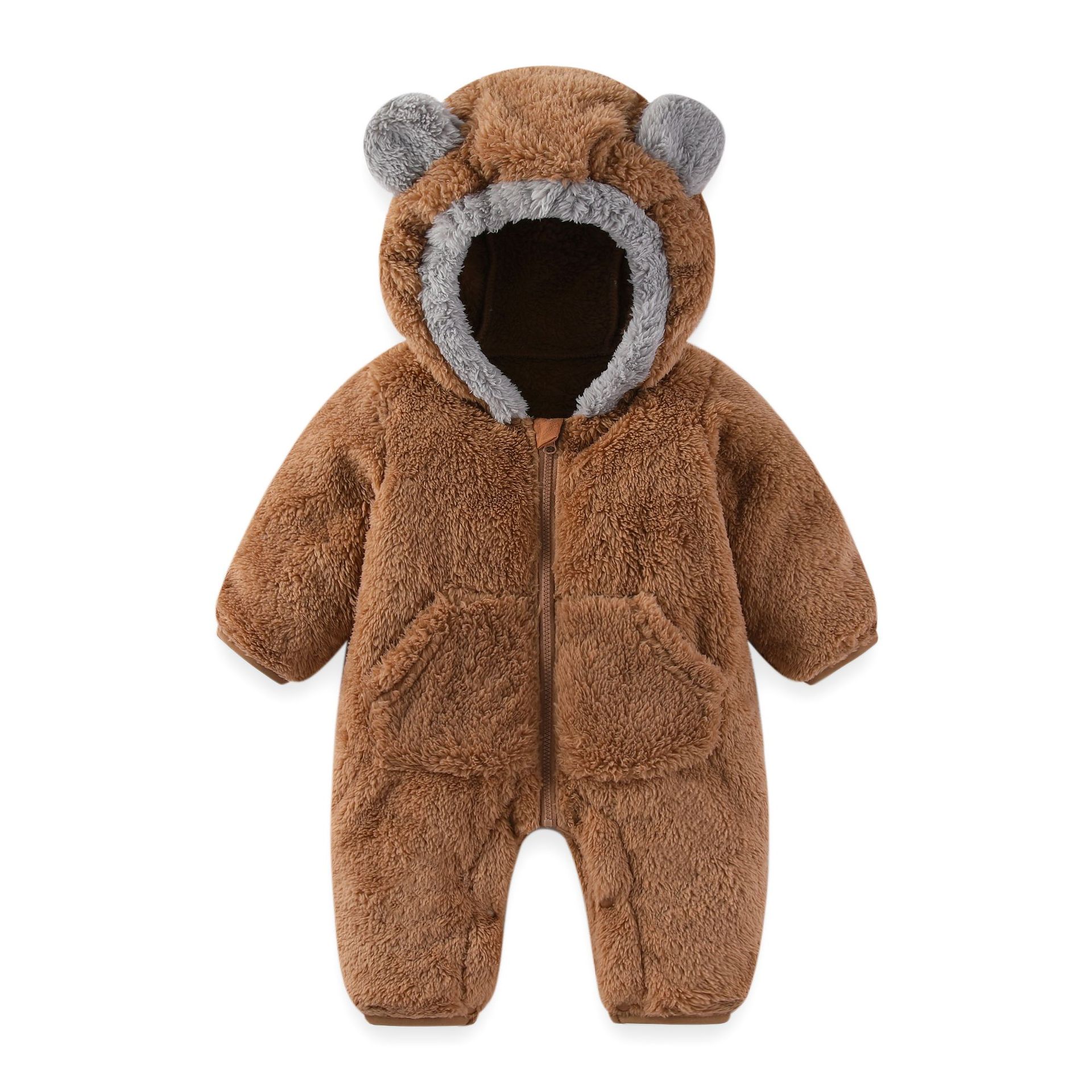 New Coral Fleece Autumn and Winter Thin Jumpsuit for Newborns, Warm Zippered Romper, Baby Onesie