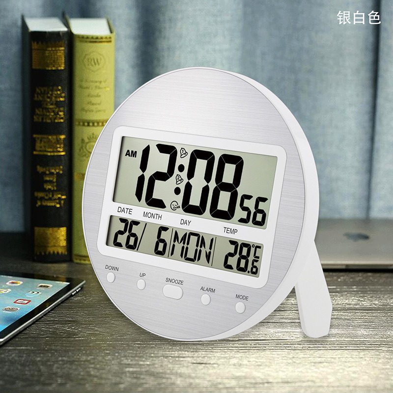 크로스 국경 금속 와이어 드로잉 알루미늄 패널 LCD 벽 시계 디지털 디스플레이 거실 침실 벽 스티커 시계 영구 달력 알람 시계