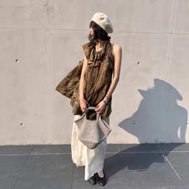 南油高品质敦煌壁画印花铜氨丝T恤荷叶边系带领无袖上衣女