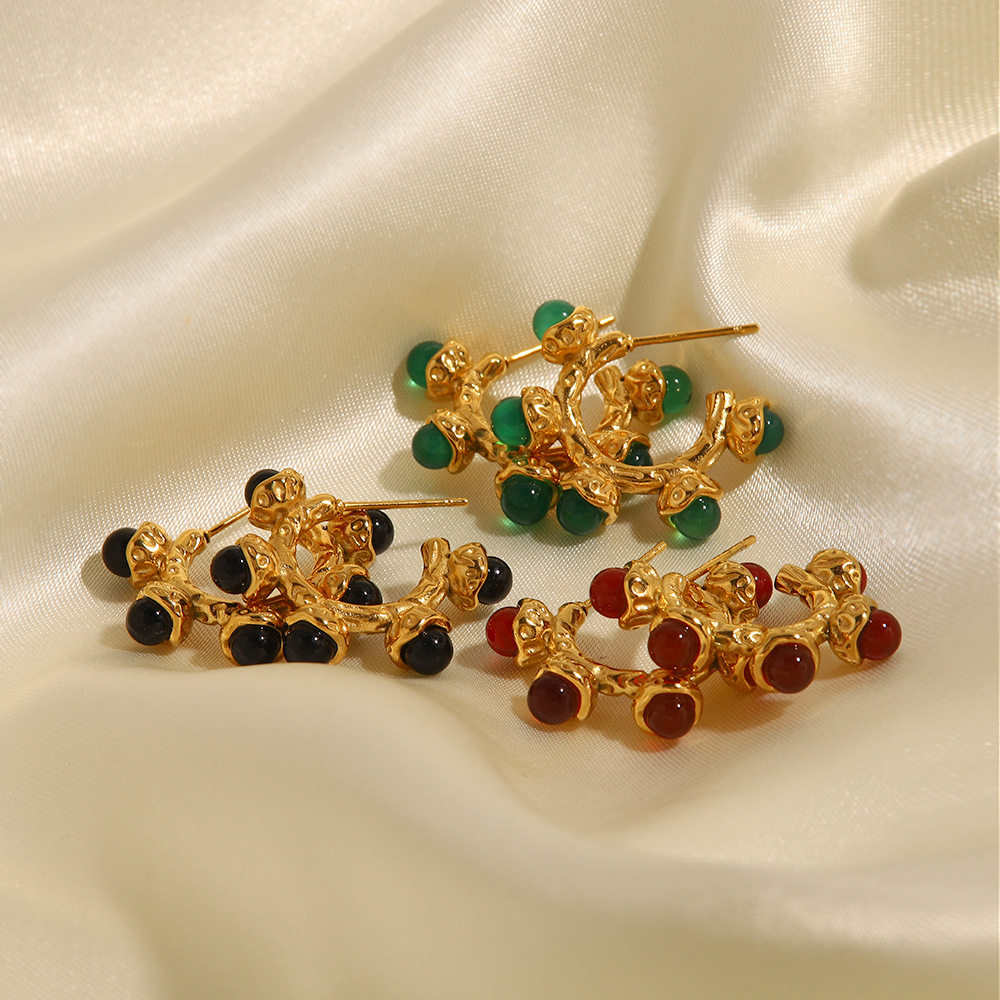 Fashion Geometric Stainless Steel Inlaid Gemstone Natural Stone Earrings 1 Pair