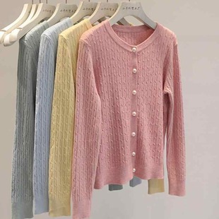 Korean Style Solid Color Twist Round Neck Pleated Cardigan Jacket for Women Spring New Age-Reducing Loose Long-Sleeved Top