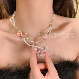 小众设计绿野仙踪项链 甜美少女心水晶蝴蝶结项圈脖子饰品项链女