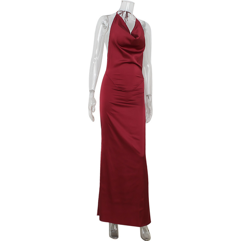 Low Cut Halter Swing Collar Sexy Backless Wine Red Slim Fit Graceful Satin Dress