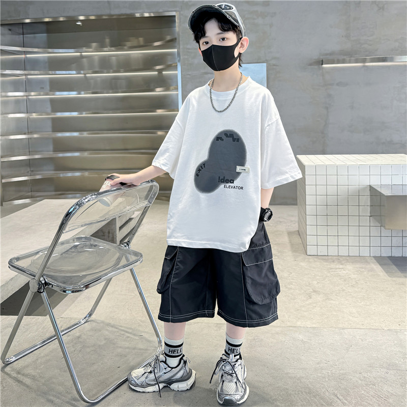 (2개) 어린이 의류 소년 여름 짧은 소매 세트 2024 새로운 큰 어린이 여름 소년 잘 생긴 여름 스포츠 패션
