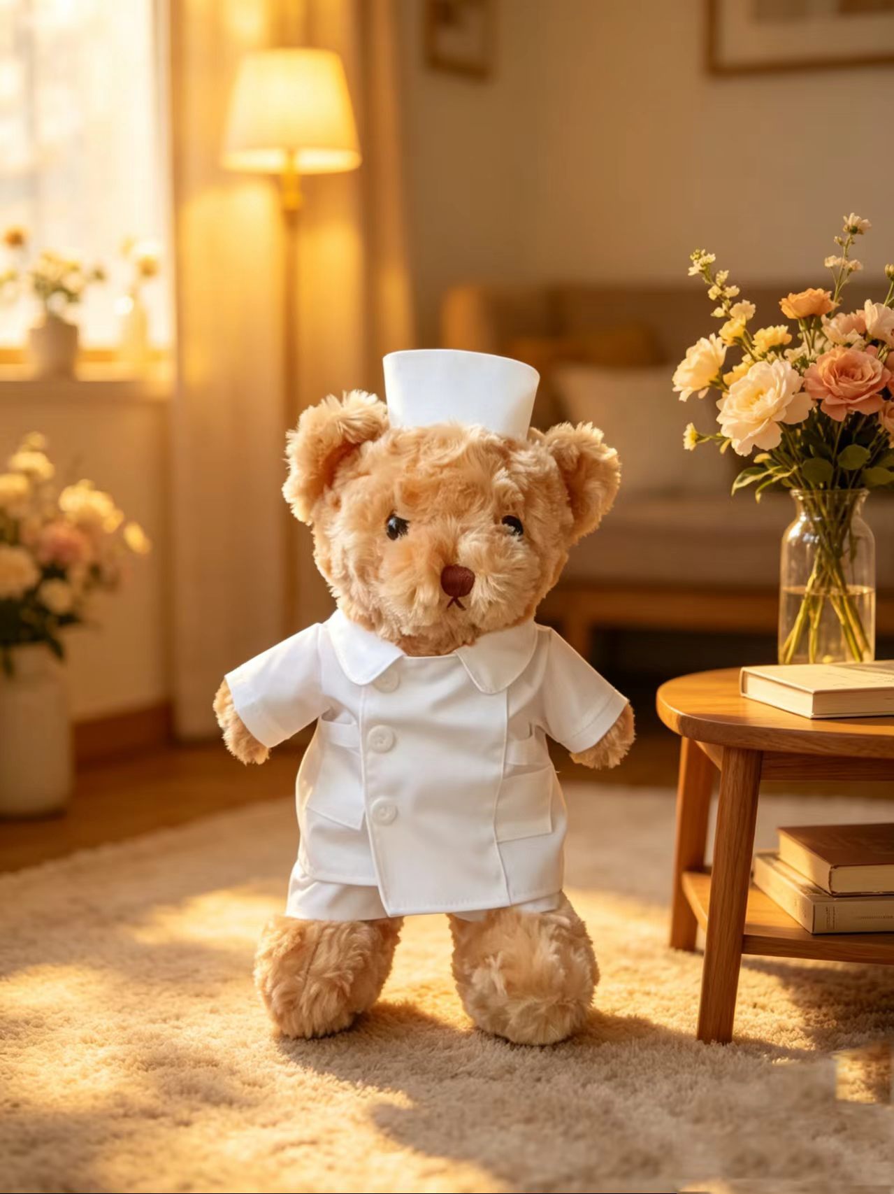 Oso de peluche marrón con uniforme de enfermera blanco y gorro