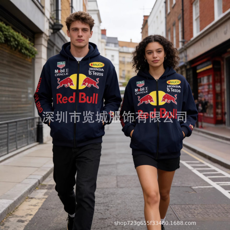F1 Embroidered Sweatshirt European and American Style Hooded Red Bull Unisex Loose Hooded Zip-Up Sweatshirt Autumn and Winter Embroidered Sweatshirt Couple Customizable