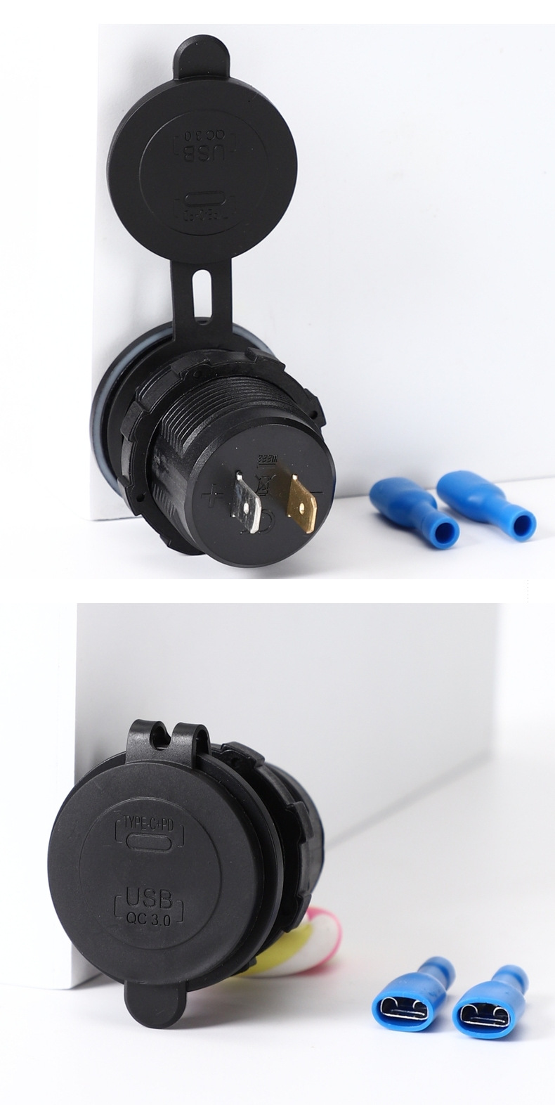 Car modification dual USB mobile phone car charger PD+QC digital display voltage button switch fast charging waterproof car charger