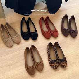 2025春秋季日常搭配温柔浅口芭蕾舞鞋蝴蝶结平底瓢鞋豹纹单鞋