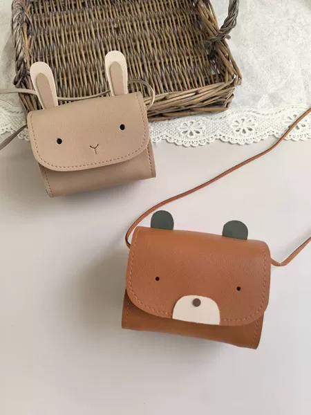 New Original Design Pu Leather Soft and Cute Bunny and Bear Children's Crossbody Bag, Girls' Three-Dimensional Small Square Bag