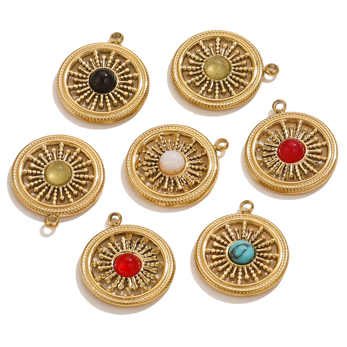 Retro simple de acero inoxidable piedra natural turquesa colgante circular con collar pendientes DIY colgante transfronterizo