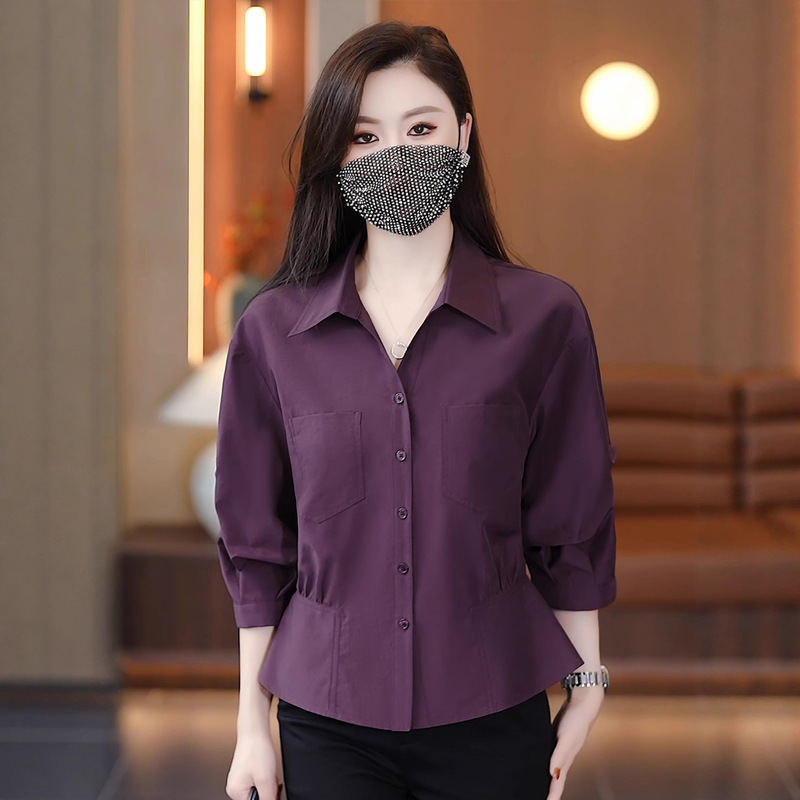Shirts for Women 2025 Early Autum New Style Accessible Luxury High-End Waist Slimming Look Fashionable Age-Reducing Three-Quarter Sleeve Tops