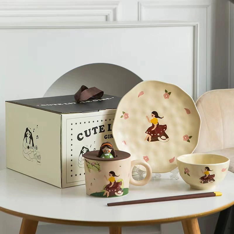 Retro tableware, ceramic cute high quality set, gift box for home use